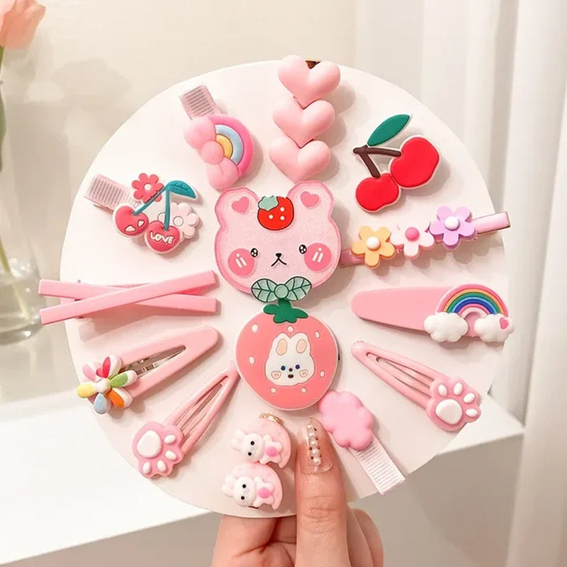 2023 New Summer Autumn Children Baby Girls 14Pcs Cartoon Bear Hairpins Princess Hair Accessories for Toddler Headwear