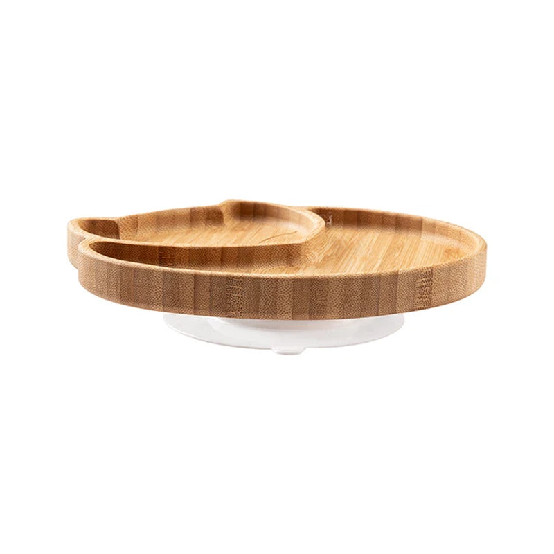 Custom Baby Bamboo Feeding Bowl Spoon Fork Fox Pattern Food Tableware Kids Wooden Training Plate Silicone Suction Cup Removable