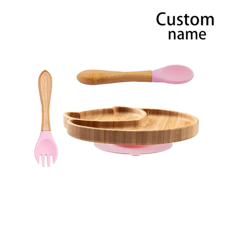 Custom Baby Bamboo Feeding Bowl Spoon Fork Fox Pattern Food Tableware Kids Wooden Training Plate Silicone Suction Cup Removable