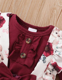 0-18Months Baby Girl Clothes Set Red Color Long Sleevs Bodysuit + Flower Strap Pants 2PCS Infant Girl New Years Clothing Suit
