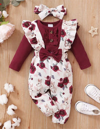 0-18Months Baby Girl Clothes Set Red Color Long Sleevs Bodysuit + Flower Strap Pants 2PCS Infant Girl New Years Clothing Suit
