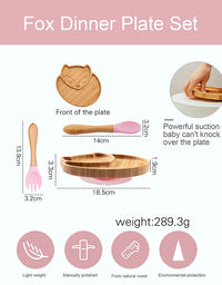 Custom Baby Bamboo Feeding Bowl Spoon Fork Fox Pattern Food Tableware Kids Wooden Training Plate Silicone Suction Cup Removable
