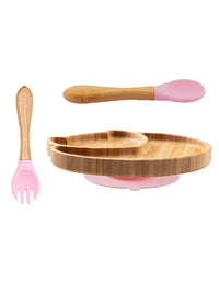 Custom Baby Bamboo Feeding Bowl Spoon Fork Fox Pattern Food Tableware Kids Wooden Training Plate Silicone Suction Cup Removable

