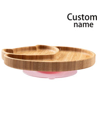 Custom Baby Bamboo Feeding Bowl Spoon Fork Fox Pattern Food Tableware Kids Wooden Training Plate Silicone Suction Cup Removable
