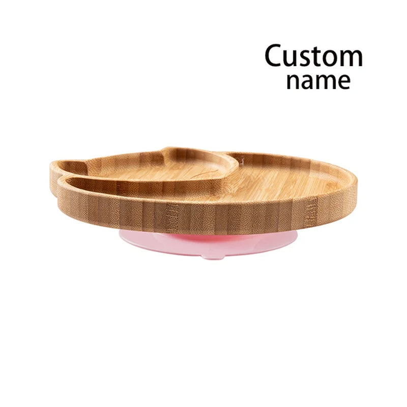 Custom Baby Bamboo Feeding Bowl Spoon Fork Fox Pattern Food Tableware Kids Wooden Training Plate Silicone Suction Cup Removable