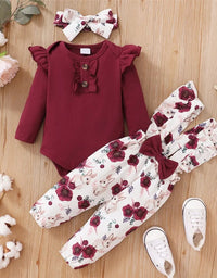 0-18Months Baby Girl Clothes Set Red Color Long Sleevs Bodysuit + Flower Strap Pants 2PCS Infant Girl New Years Clothing Suit
