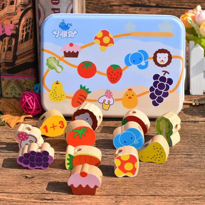 Wooden Toy Cartoon Animals Fruit DIY Toy Beads Toy Stringing Threading Beads Game Education Toy for Baby Kids Children