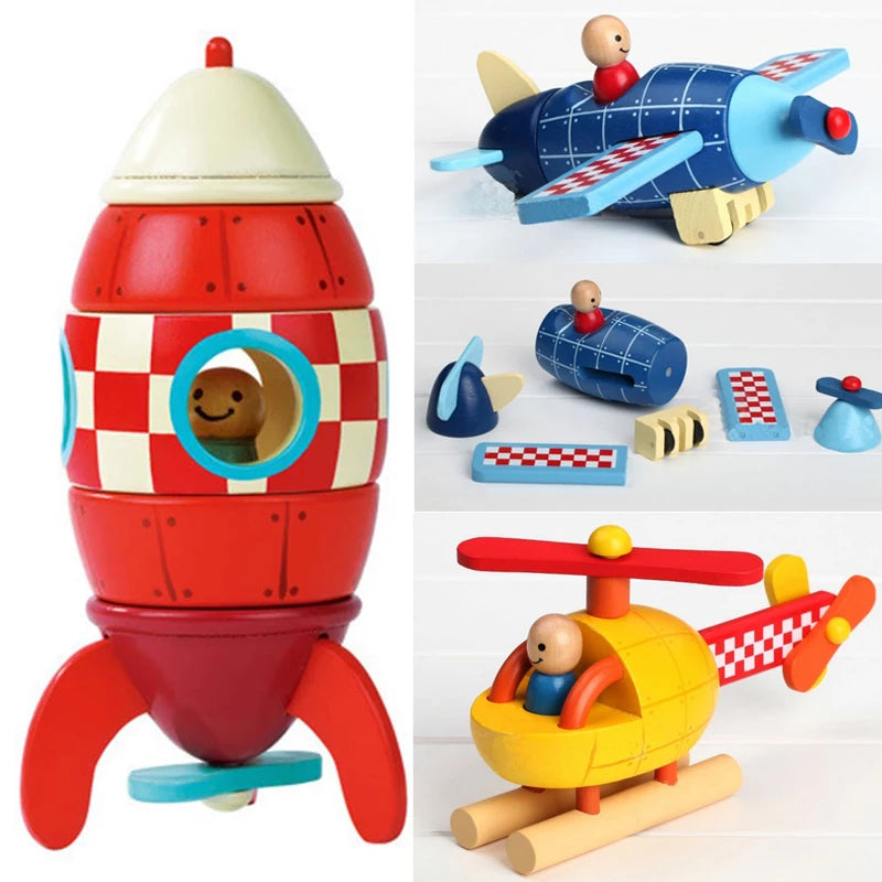 Wood 3D Toys Removal Disassembly Assembly Helicopter Rocket Fighter Puzzle Toys Magnetic Wood Educational Toys Plane Diecasts
